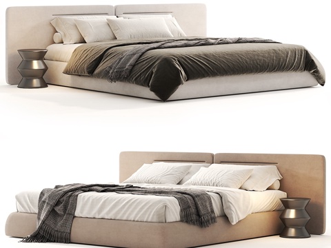  现代侘寂布艺双人床3d模型 