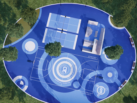 现代篮球场  户外篮球场su模型