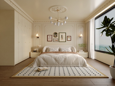  法式奶油风卧室3d模型 