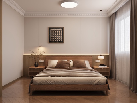  原木风卧室 原木风床3d模型 