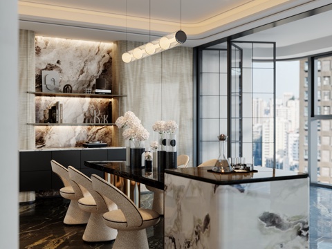 现代餐厅 岛台餐厅 餐桌椅 餐椅 吊灯 餐柜su模型