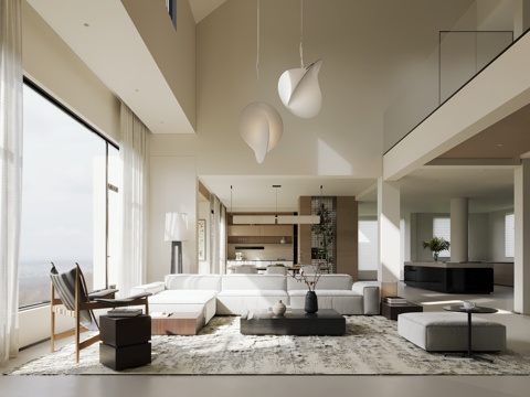  现代简约别墅客餐厅  挑空别墅客餐厅 奶油风别墅客餐厅3d模型 