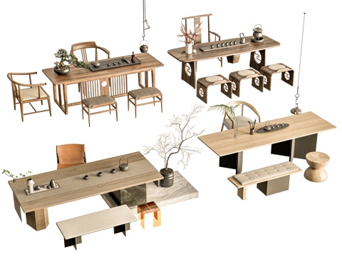  新中式茶桌椅 茶桌椅组合 茶台 茶桌椅 茶具用品组合 榻榻米3d模型 