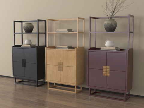 新中式装饰柜 装饰架 边柜 摆件su模型