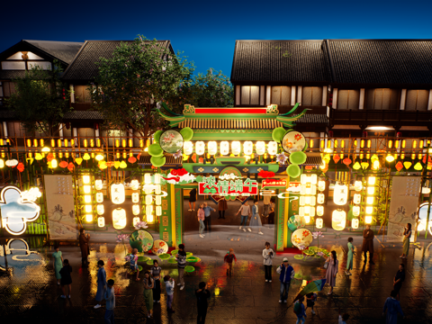 网红打卡国潮古风端午节日灯笼集市美陈su模型