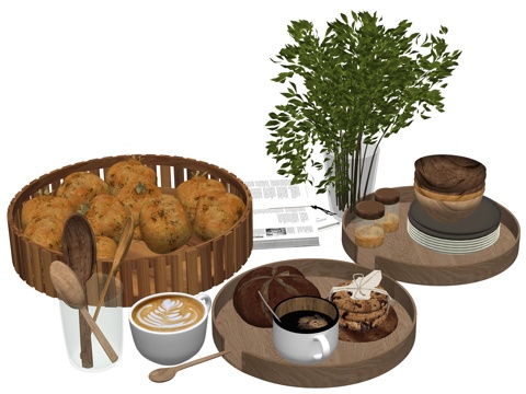 现代厨房美食水果咖啡糕点su模型