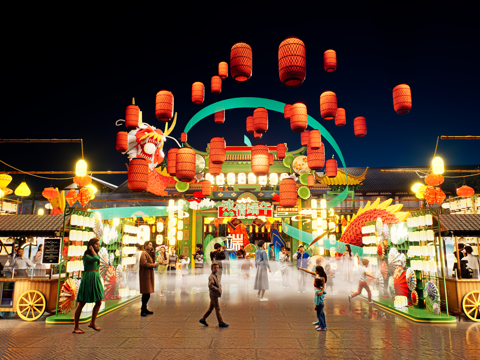 网红打卡国潮古风端午节日灯笼集市美陈su模型