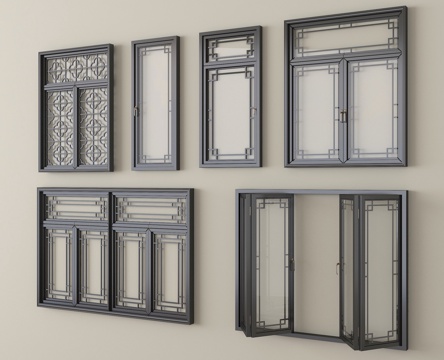 中式窗户 平开窗 落地窗 阳台窗 折叠窗su模型