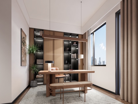 现代简约书房_现代书房_书房_桌椅su模型