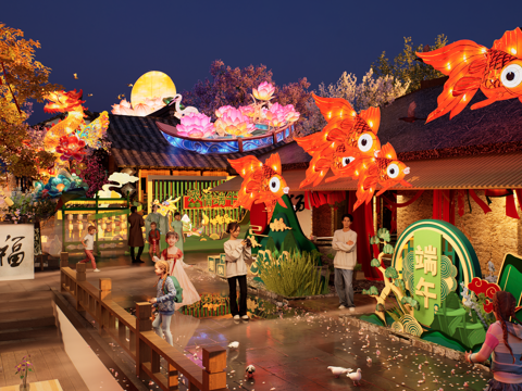 网红打卡国潮古风端午节日灯笼集市美陈su模型