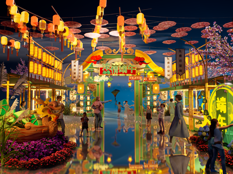 网红打卡国潮古风端午节日灯笼集市美陈su模型