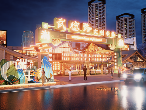 网红打卡国潮古风端午节日灯笼集市美陈su模型