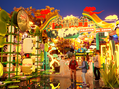 网红打卡国潮古风端午节日灯笼集市美陈su模型