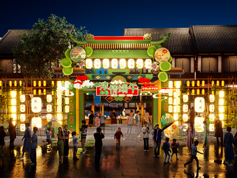  网红打卡国潮古风端午节日灯笼集市美陈su模型 