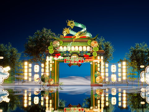  网红打卡国潮古风端午节日灯笼集市美陈su模型 