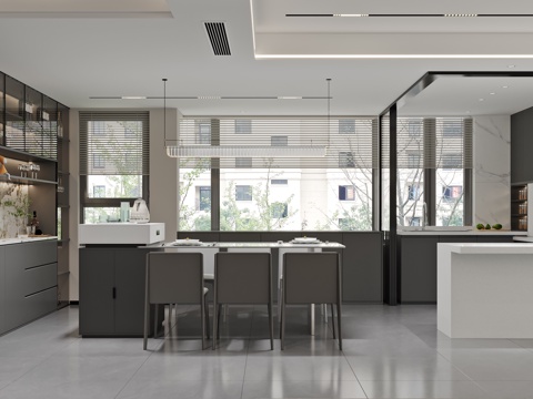  意式餐厅 餐厅吊灯 岛台餐桌 酒柜 开放式厨房3d模型 