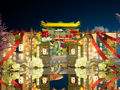  网红打卡国潮古风端午节日灯笼集市美陈su模型 