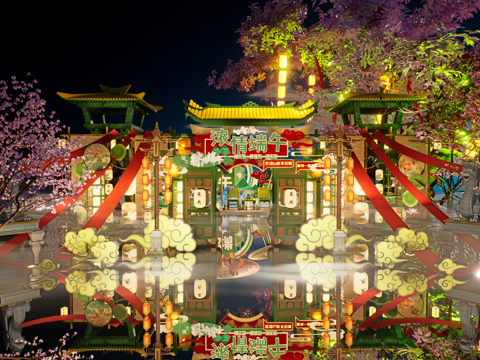  网红打卡国潮古风端午节日灯笼集市美陈su模型 