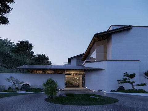 新中式民宿建筑 斜顶su模型