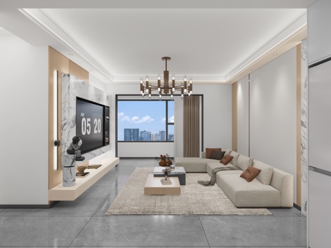 现代轻奢客餐厅_轻奢客厅_现代客厅_客厅_电视背景墙_沙发套su模型