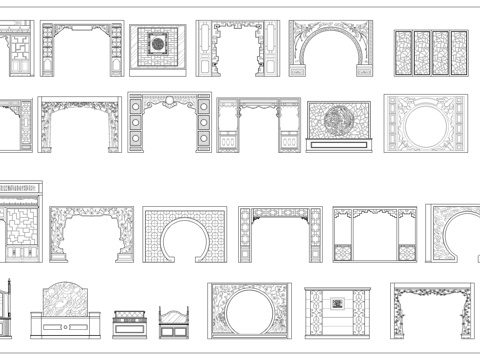 中式CAD图块 传统装饰构件库 古建 花窗格栅 ​​月洞门cad施工图cad施工图