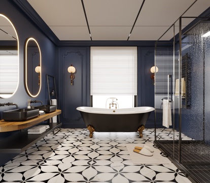  美式别墅卫生间 酒店卫生间 浴缸 洗手台3d模型 