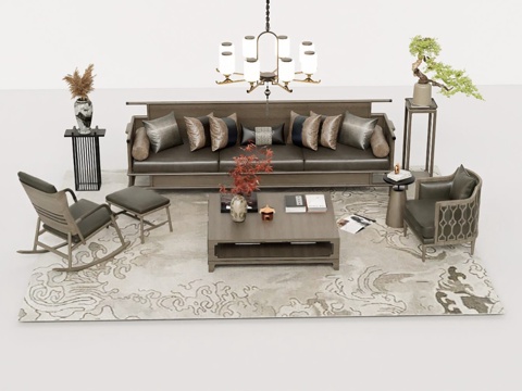 新中式客厅沙发茶几组合 ​​深色系木质家具 几何图案地毯 多su模型