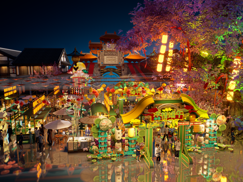  网红打卡国潮古风端午节日灯笼集市美陈su模型 