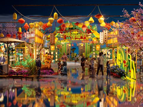 网红打卡国潮古风端午节日灯笼集市美陈su模型