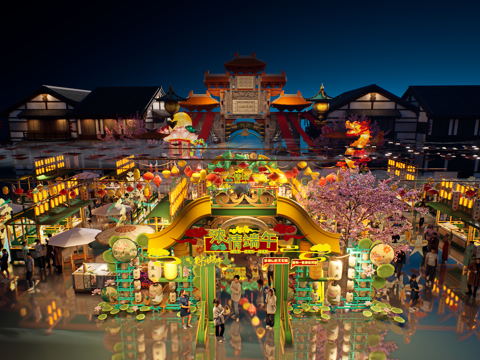  网红打卡国潮古风端午节日灯笼集市美陈su模型 