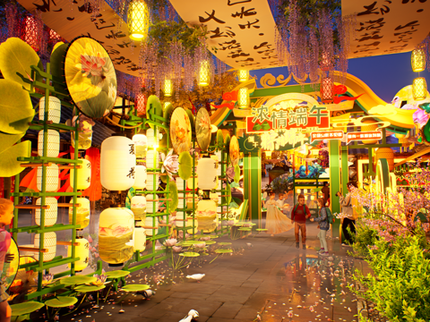 网红打卡国潮古风端午节日灯笼集市美陈su模型