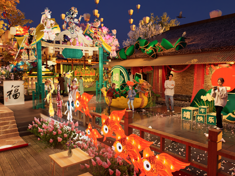  网红打卡国潮古风端午节日灯笼集市美陈su模型 