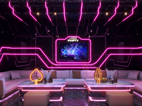 KTV  沙发组合 透明发光茶几 镂空铁艺造型 金属板su模型