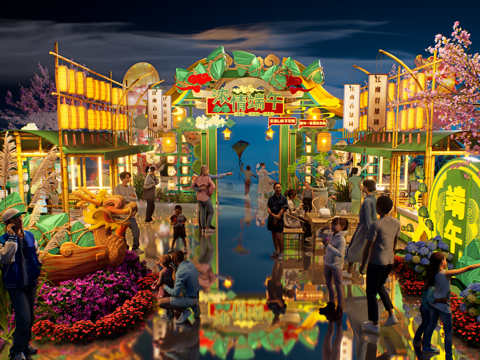 网红打卡国潮古风端午节日灯笼集市美陈su模型