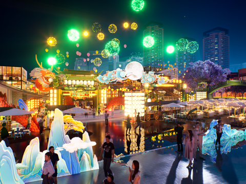  网红打卡国潮古风端午节日灯笼集市美陈su模型 