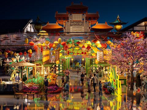  网红打卡国潮古风端午节日灯笼集市美陈su模型 