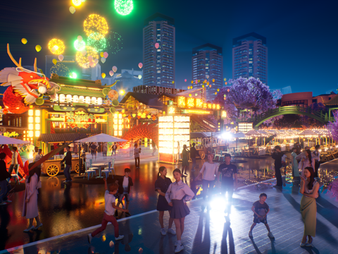  网红打卡国潮古风端午节日灯笼集市美陈su模型 