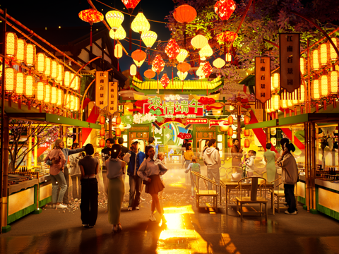  网红打卡国潮古风端午节日灯笼集市美陈su模型 