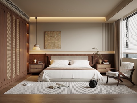  侘寂风卧室 双人床 衣柜3d模型 