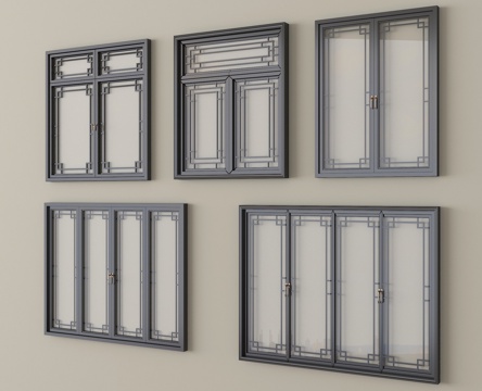  中式窗户 平开窗 落地窗 阳台窗3d模型 