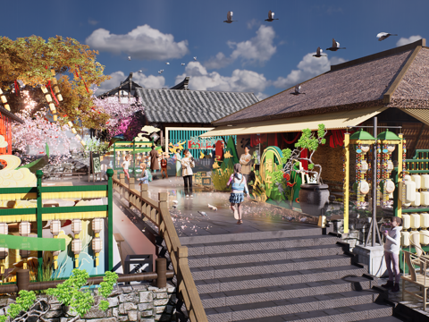 网红打卡国潮古风端午节日灯笼集市美陈su模型