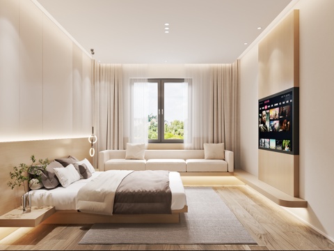  现代酒店客房 大床房 电视背景墙3d模型 