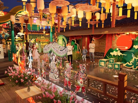 网红打卡国潮古风端午节日灯笼集市美陈su模型