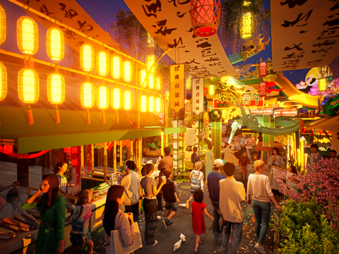 网红打卡国潮古风端午节日灯笼集市美陈su模型