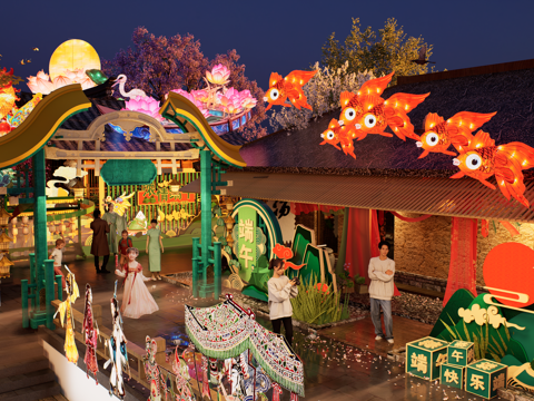 网红打卡国潮古风端午节日灯笼集市美陈su模型