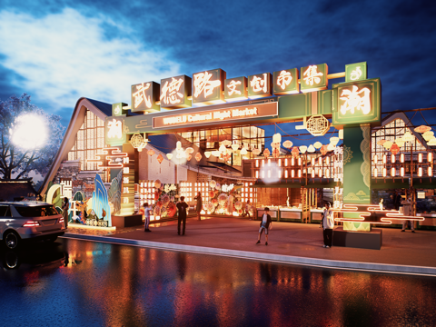 网红打卡国潮古风端午节日灯笼集市美陈su模型