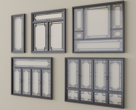  中式窗户 平开窗 落地窗 阳台窗3d模型 