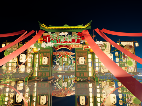  网红打卡国潮古风端午节日灯笼集市美陈su模型 