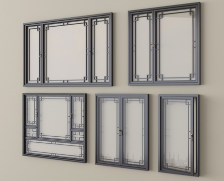  中式窗户 平开窗 落地窗 阳台窗3d模型 