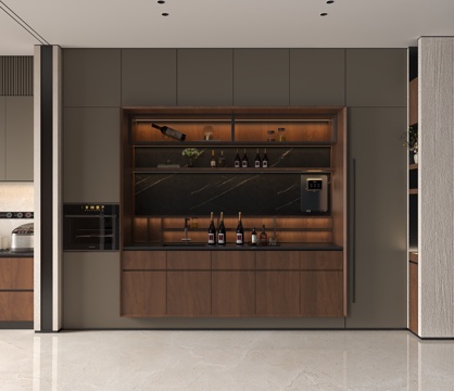  现代意式西厨酒柜 意式酒柜餐边柜 意式西厨餐厅 咖色柜门红木3d模型 